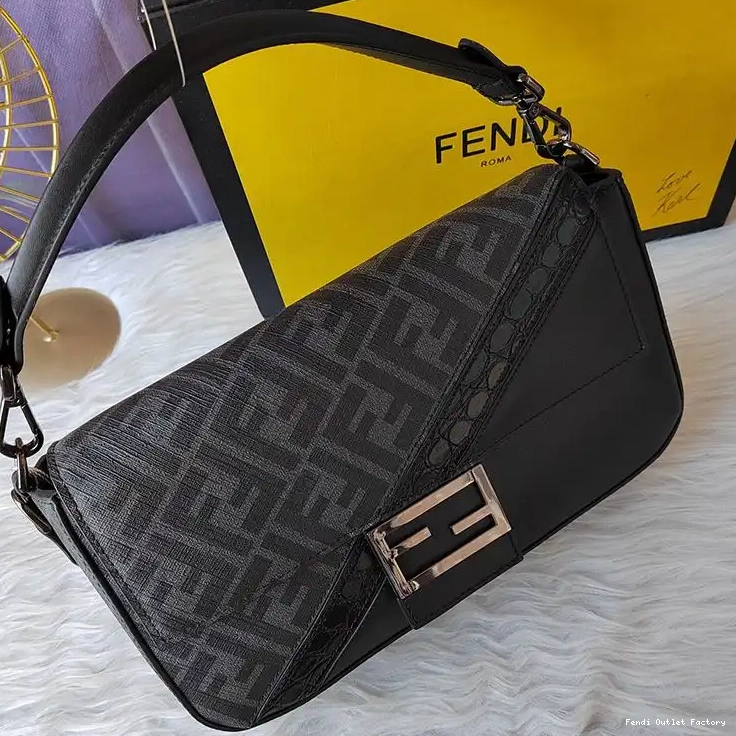HOT FF Fabric Fendi Motif In Bag Medium Black Baguette 0507